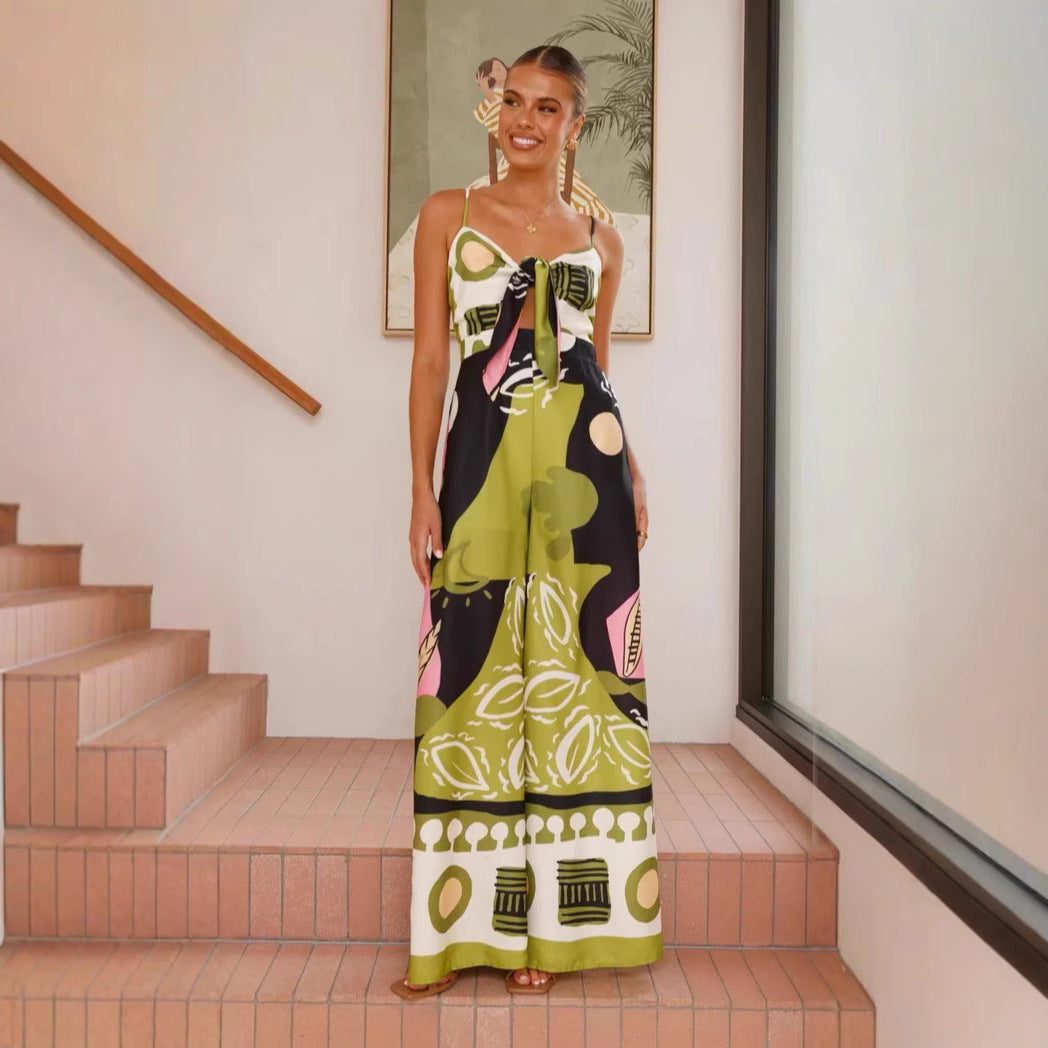 Spring Summer Jumpsuit Sexy Cropped Print Sling Wide Leg Jumpsuit Women