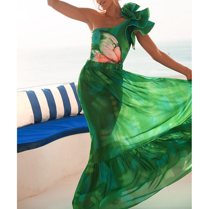 Oblique Shoulder Ruffles Butterfly Print One Piece Swimsuit Women