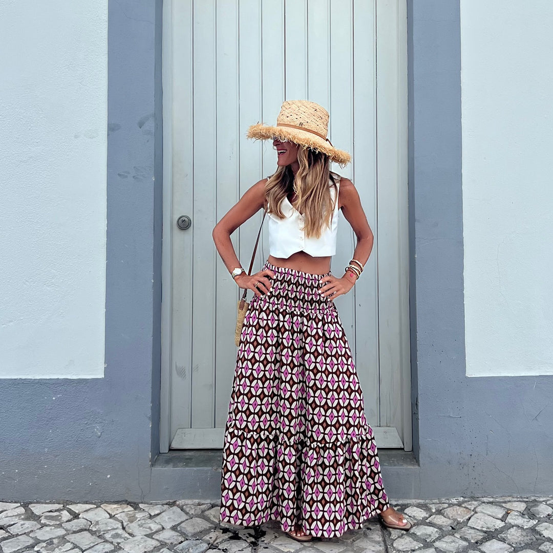Autumn Printed Elastic Waist Expansion Skirt for Vacation Long Skirt