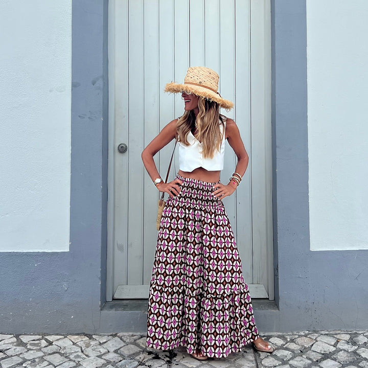 Autumn Printed Elastic Waist Expansion Skirt for Vacation Long Skirt