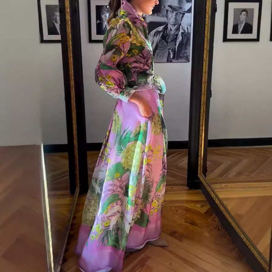 Women Printing Elegant Young Long Sleeve Skirt Two Piece Set