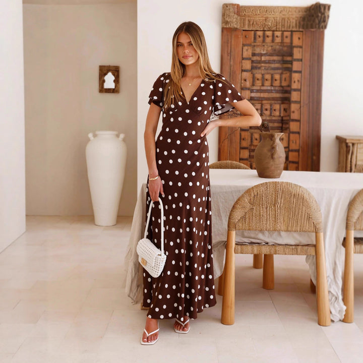 Spring Summer Polka Dot Printed Waist Controlled Bell Sleeve Women Long Dress