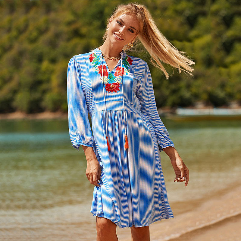 Rayon Blue White Striped Embroidered Beach Cover-up Seaside Vacation Sun Protection Clothing Beach Cover Up