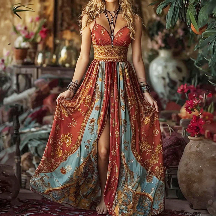 Summer Tube Top Backless Suspender Dress Vintage Printed Maxi Dress