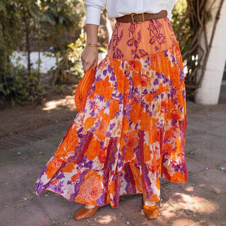 Summer Bohemian Wide Hem Printed Ruffled Maxi Skirt