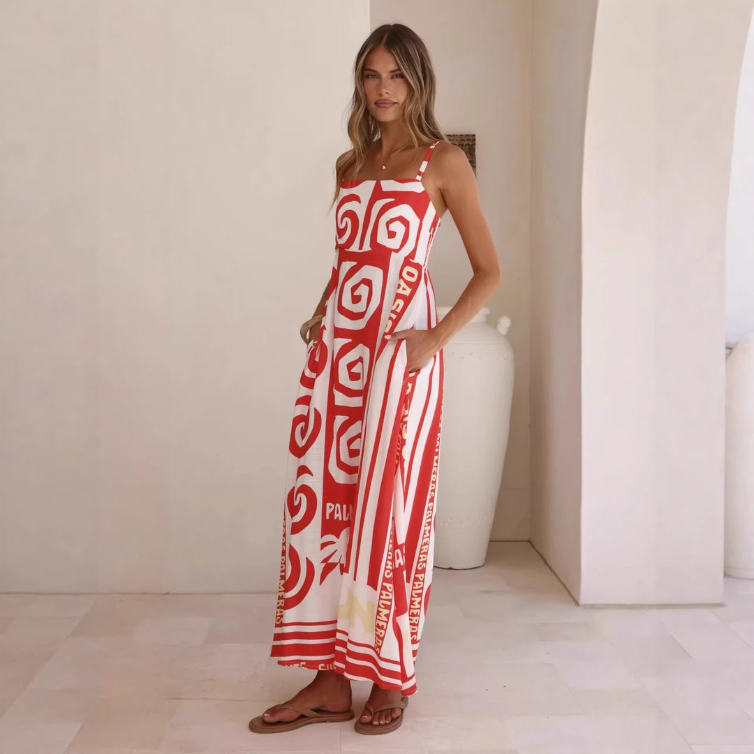 Summer Geometric Abstract Print Vacation Large Swing Cami Dress Women Dress