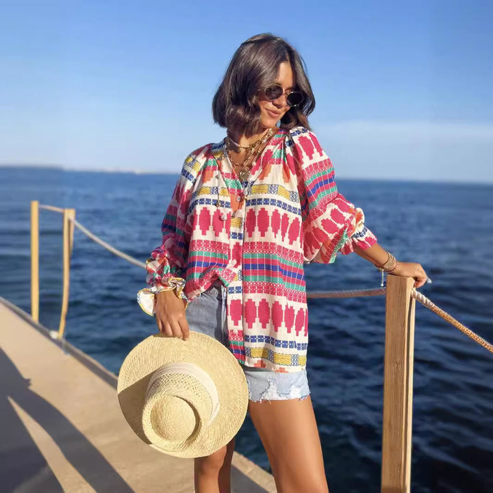 Long Sleeve Shirt Autumn Internet Printed V neck Long Sleeve Shirt Top