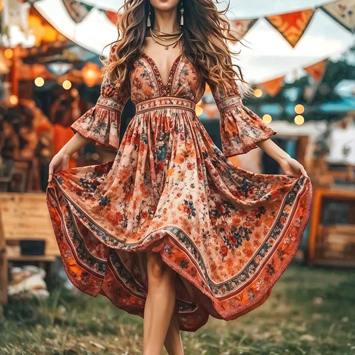 Women Clothes Printed Bohemian V neck Maxi Dress