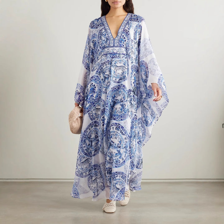 Summer Blue White Porcelain Printed Looseb Fitting V neck Dress Women