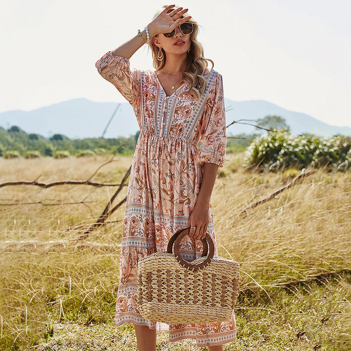 V-neck High Waist Bohemian Dress Mid-Length A- line Dress