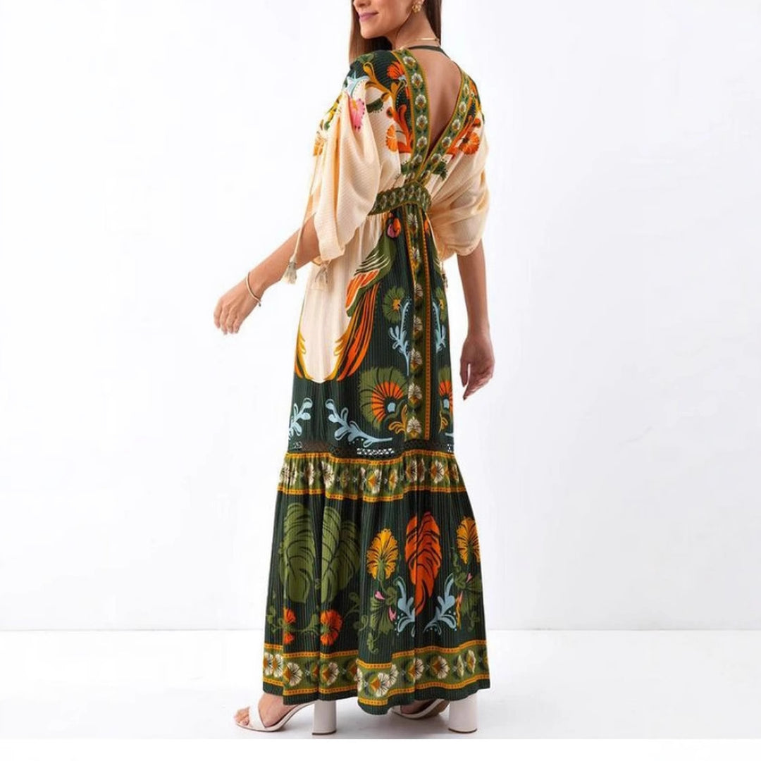 Summer V neck Retro Ethnic Positioning Printing Linen Dress Women