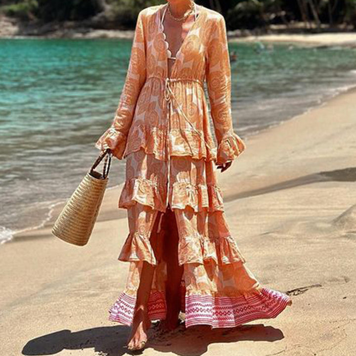 Women Autumn Floral Print Bohemian Vacation Beach Mid Length Dress