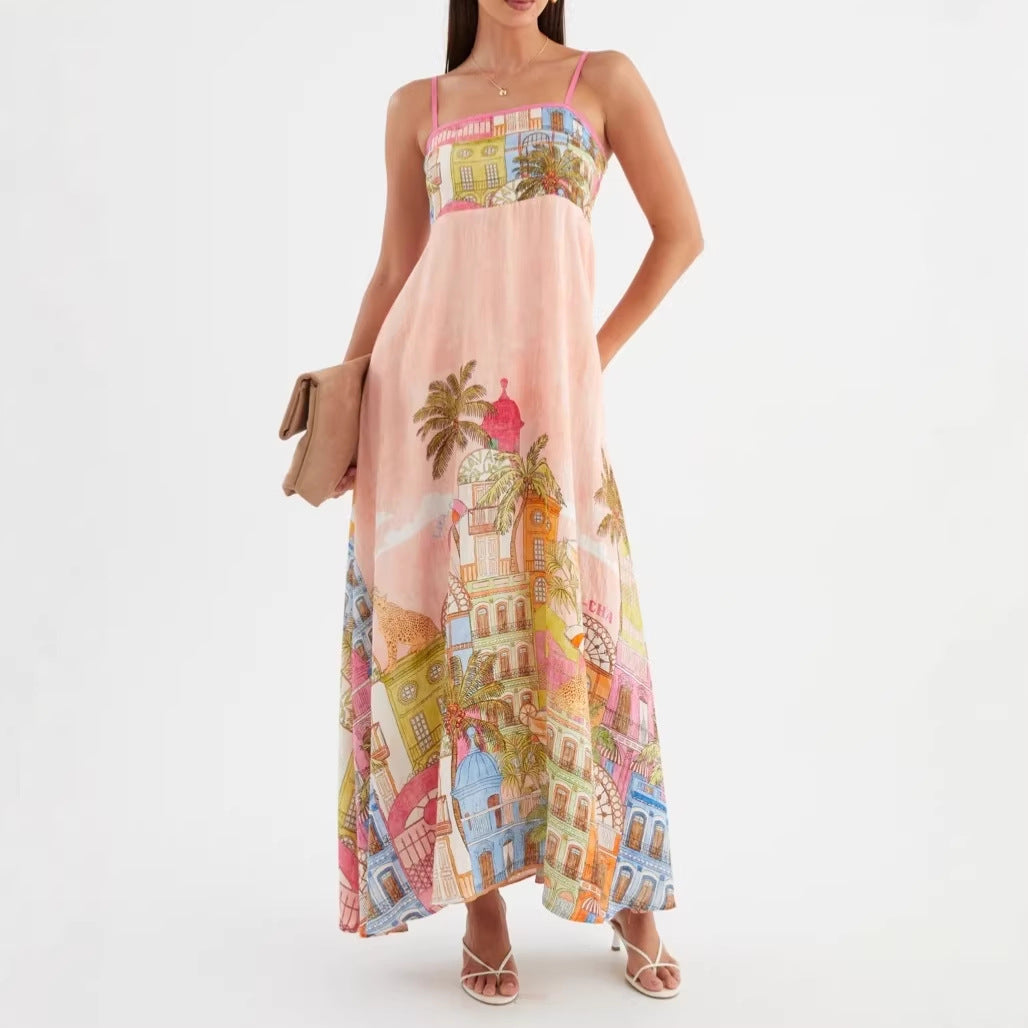 Summer Dress Positioning Printing Big Swing Strap Dress