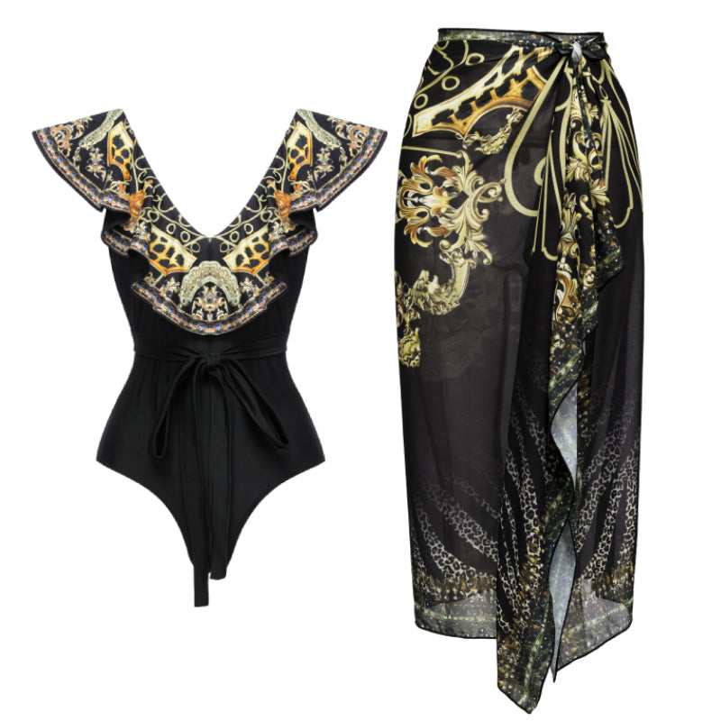 Shoulder Ruffled One-Piece Swimsuit Wrap Skirt