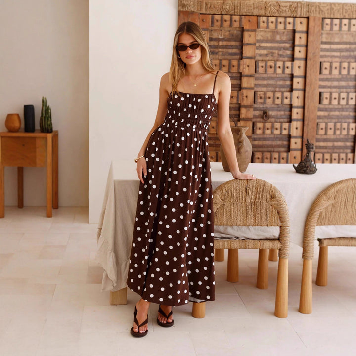 Spring Summer Polka Dot Printed Waist Controlled Large Swing French Vacation Maxi Dress