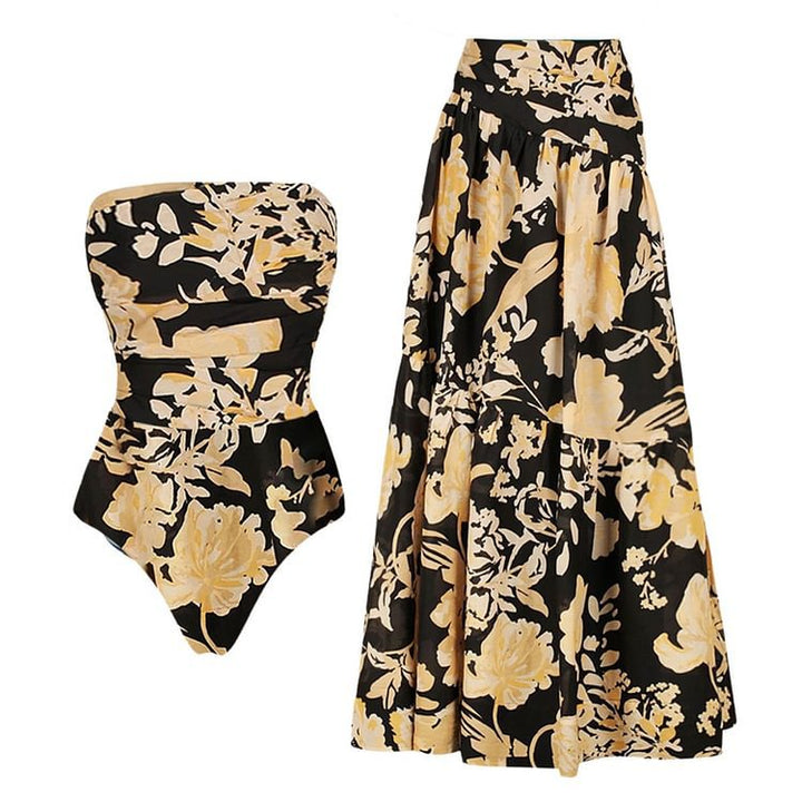 Black Gold Printed Tube Top One Piece Swimsuit Women Long Skirt Sets