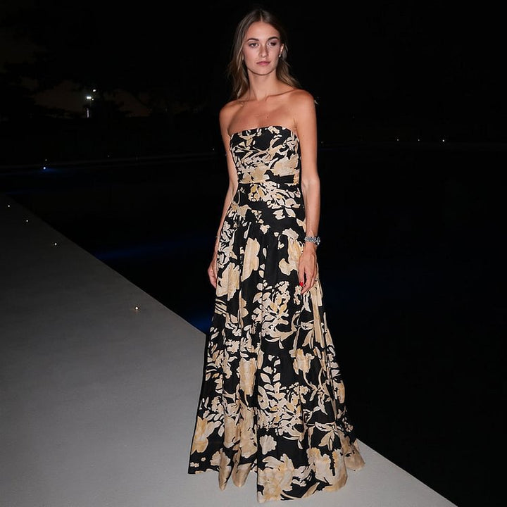 Black Gold Printed Tube Top One Piece Swimsuit Women Long Skirt Sets