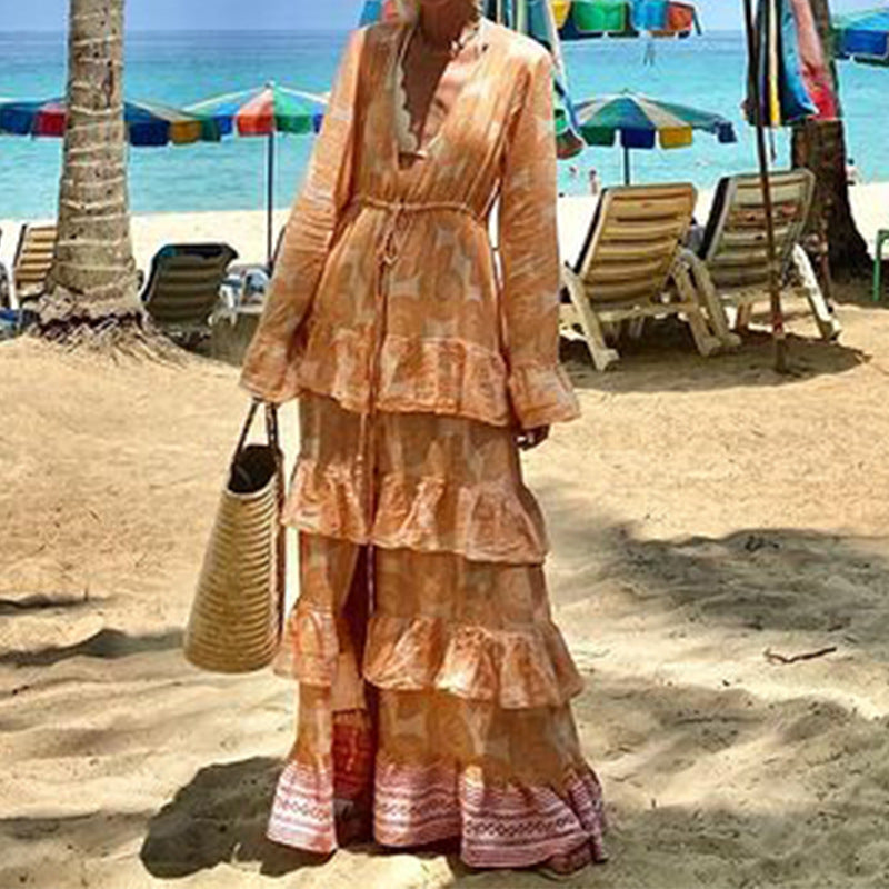 Women Autumn Floral Print Bohemian Vacation Beach Mid Length Dress