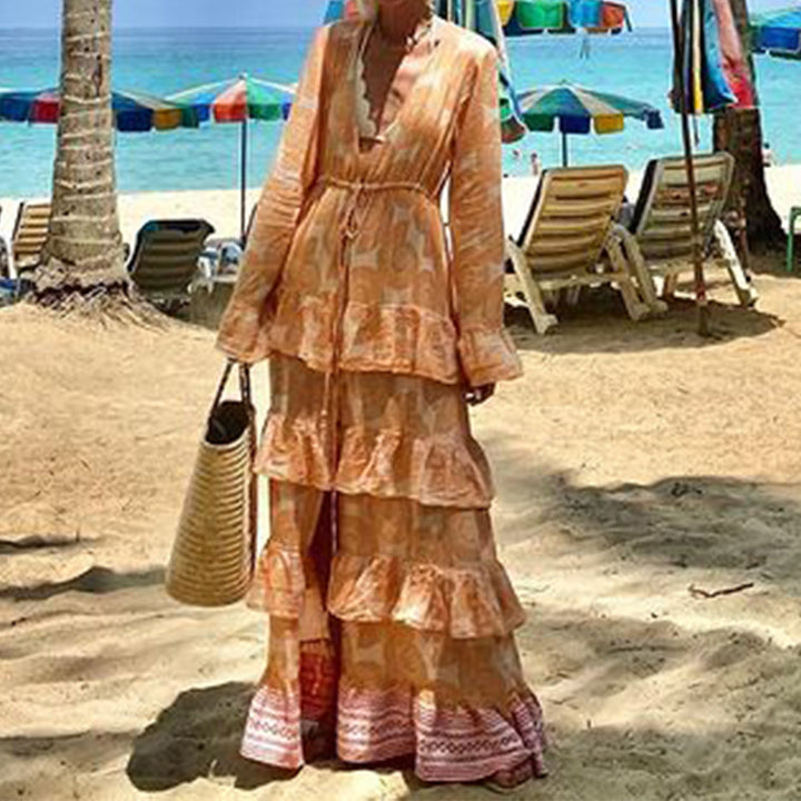 Women Autumn Floral Print Bohemian Vacation Beach Mid Length Dress