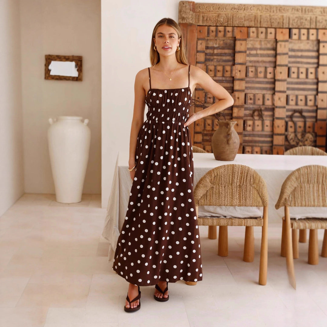 Spring Summer Polka Dot Printed Waist Controlled Large Swing French Vacation Maxi Dress
