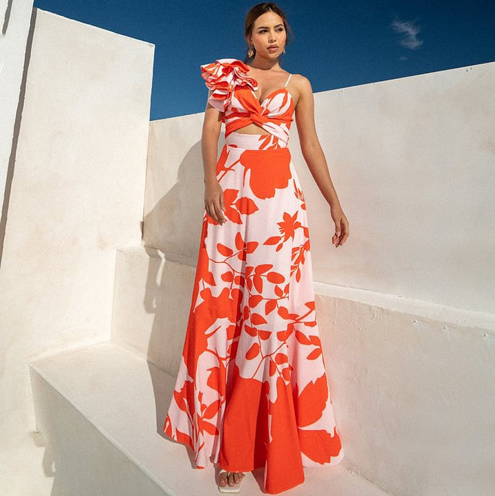 One Shoulder Ruffled Hollow Out Cutout Printed One Piece Swimsuit Women Skirt