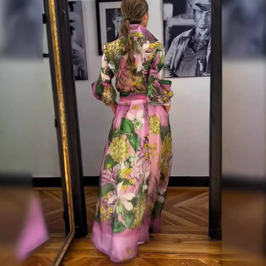 Women Printing Elegant Young Long Sleeve Skirt Two Piece Set