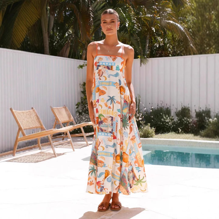 Summer Printed High Waist Big Swing Strap Dress Holiday Dress
