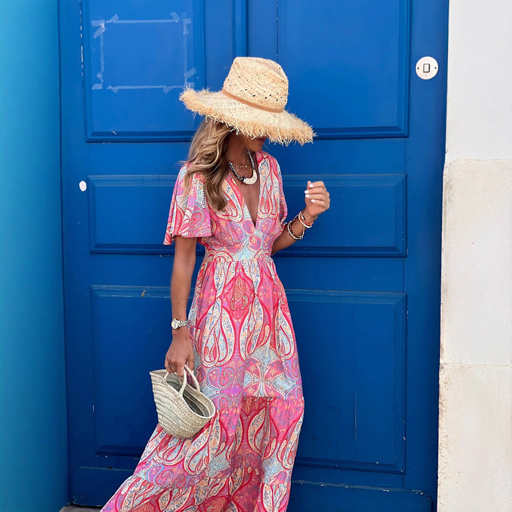 Autumn Printed V neck Bell Sleeve Waist Slimming Maxi Dress Ladies Dress