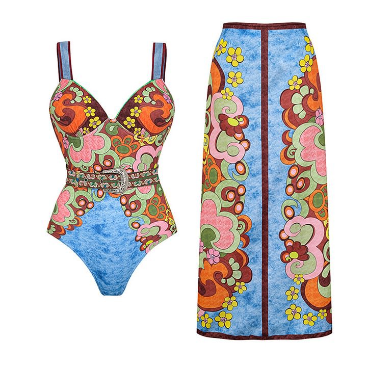 Printed Belt Slimming One Piece Swimsuit Women Two Piece Sets Dress