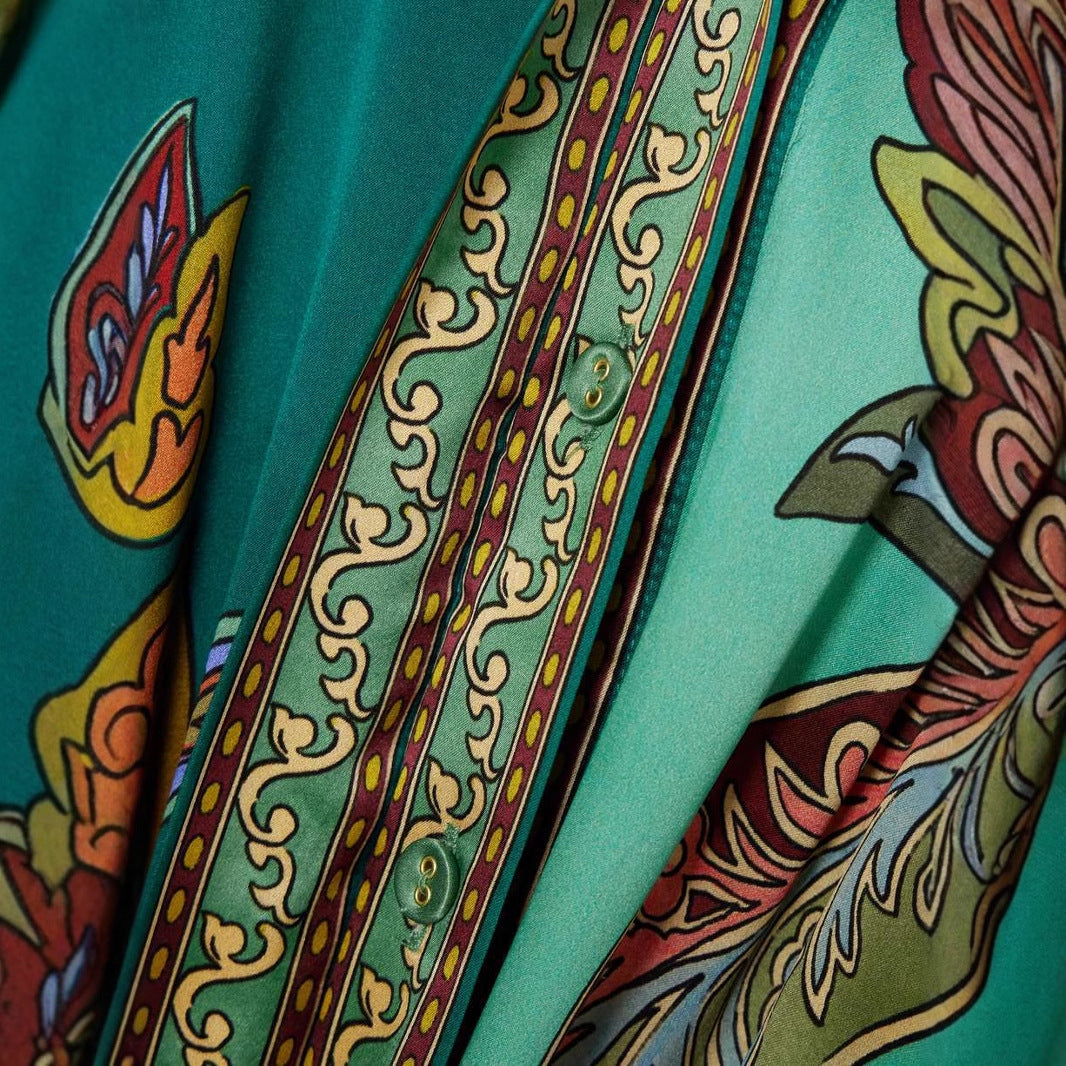 Holiday Collared Single Placket Lantern Sleeve Long Sleeve Vintage Printing Dress