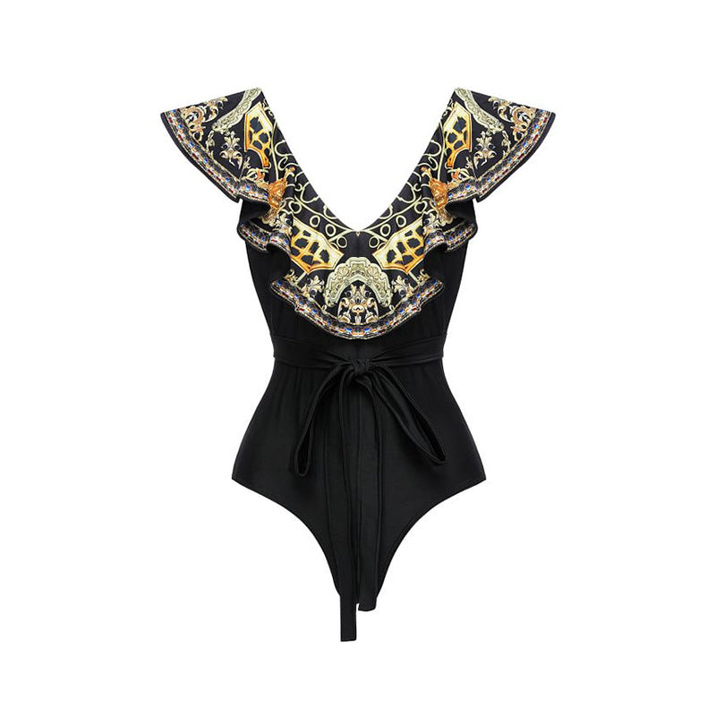 Two-Shoulder Ruffled One-Piece Swimsuit
