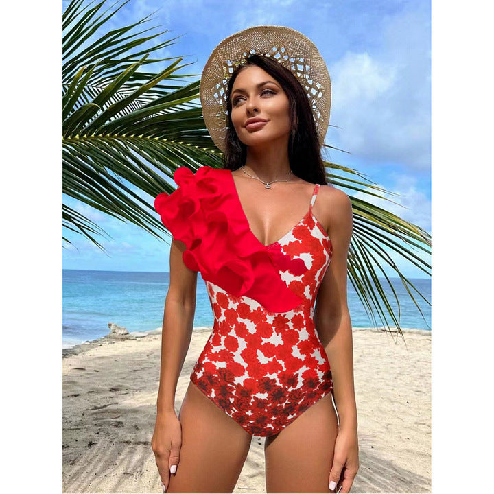 Ruffled Printed One Piece Swimsuit Women Umbrella Skirt Two Piece Sets