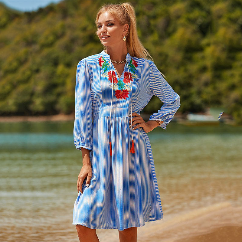 Rayon Blue White Striped Embroidered Beach Cover-up Seaside Vacation Sun Protection Clothing Beach Cover Up