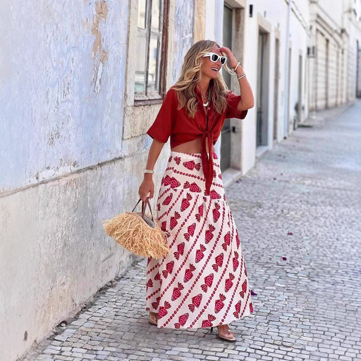 Autumn Digital Printing High Waist Stitching Big Hem Skirt Women