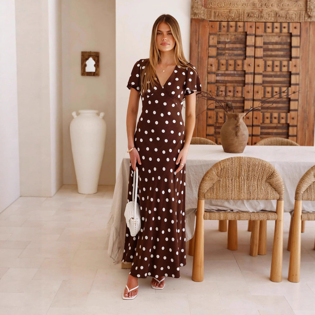 Spring Summer Polka Dot Printed Waist Controlled Bell Sleeve Women Long Dress