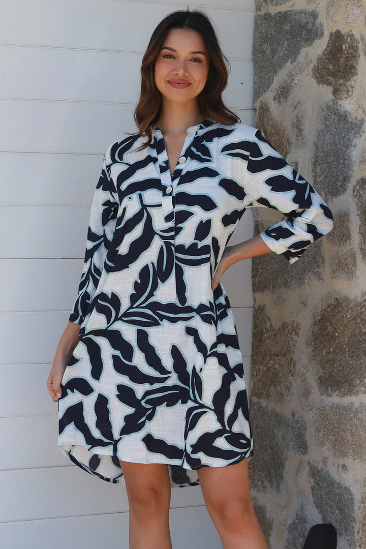 Shaz Black and White Cotton Linen Shift Dress