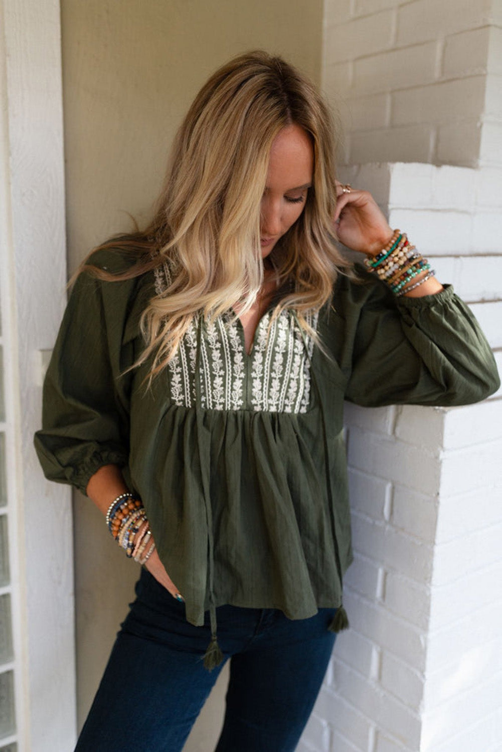 Green Embroidered Split Neck Pleated Loose Blouse