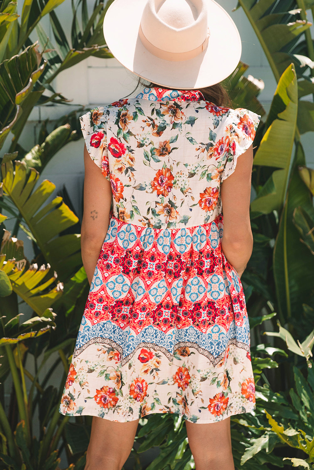 Rose Floral Mixed Pattern Ruffle Flutter Sleeve Buttoned Dress - Lulubelles Clothing and Accessories