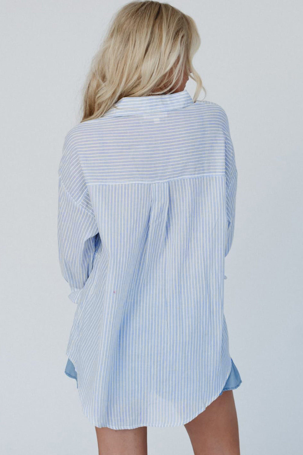 Sky Blue Striped Pleated Long Sleeve Peplum Shirt