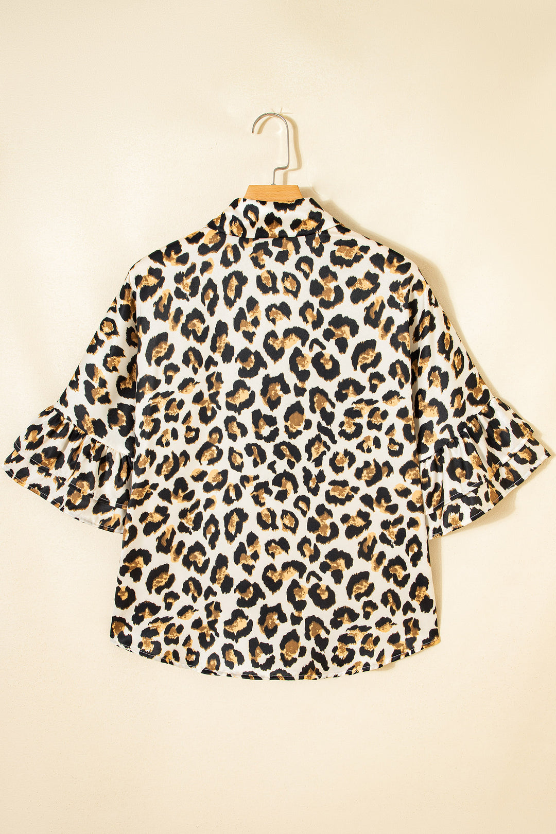 Khaki Leopard Print Ruffle Trim 3/4 Sleeve Loose Shirt - Lulubelles Clothing and Accessories