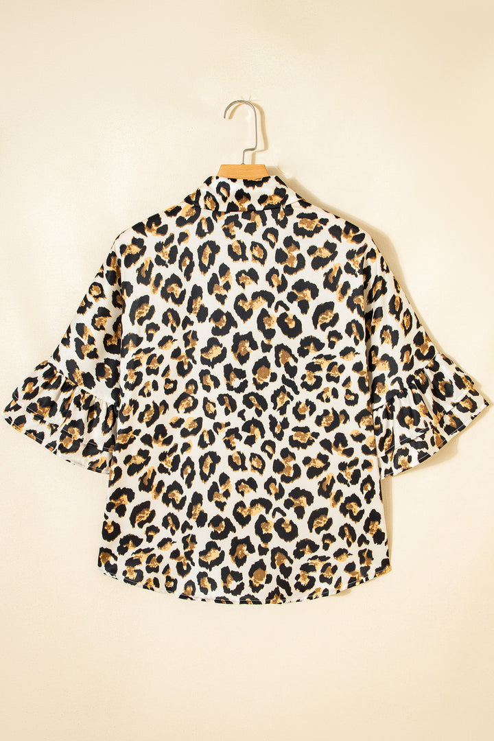 Khaki Leopard Print Ruffle Trim 3/4 Sleeve Loose Shirt - Lulubelles Clothing and Accessories
