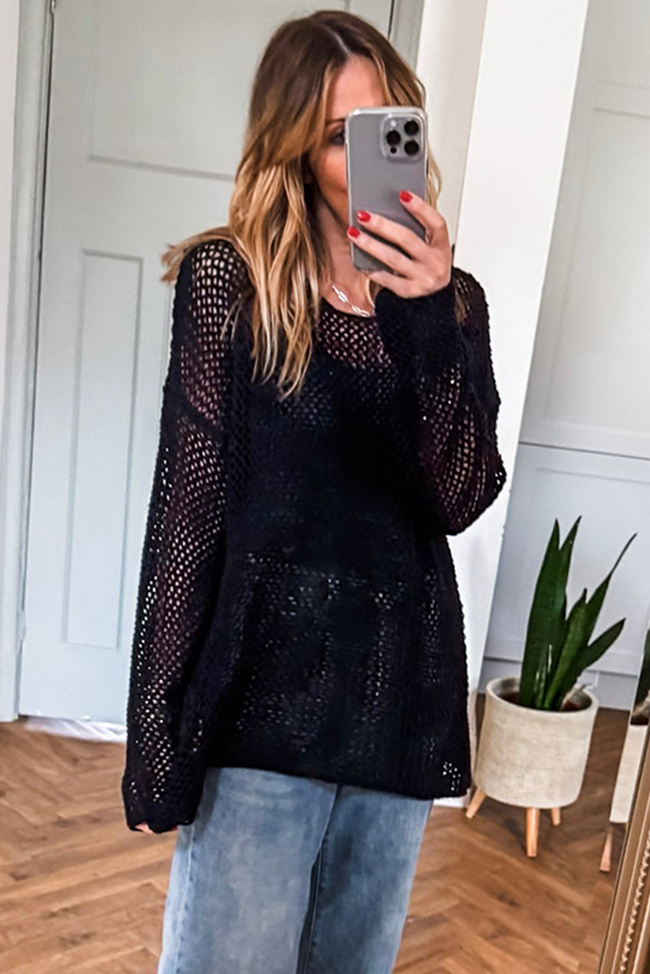 Smoke Gray Crochet Hollow-out Knit Sweater