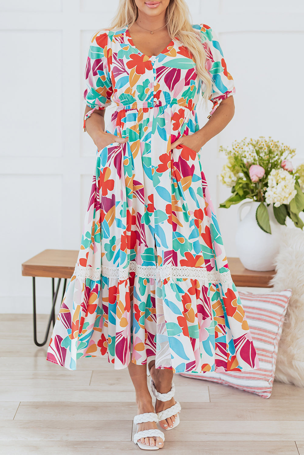 Rose Red Floral Knot Puff Sleeve V Neck Buttoned Front Split Lace Maxi Dress