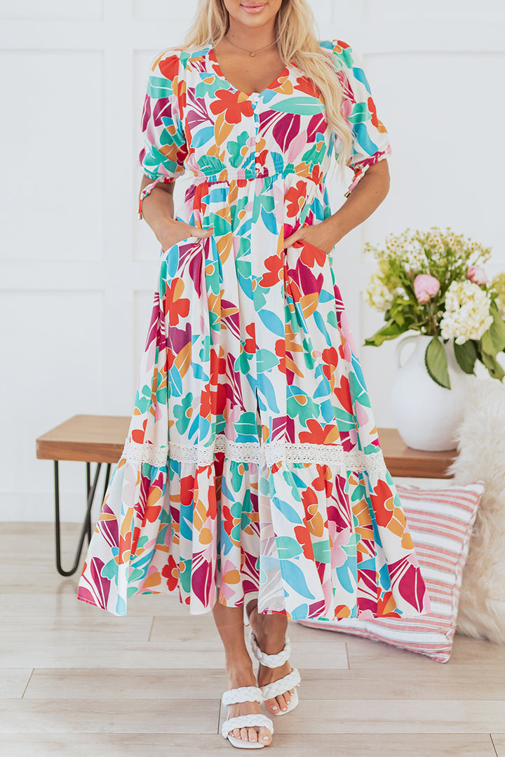 Rose Red Floral Knot Puff Sleeve V Neck Buttoned Front Split Lace Maxi Dress