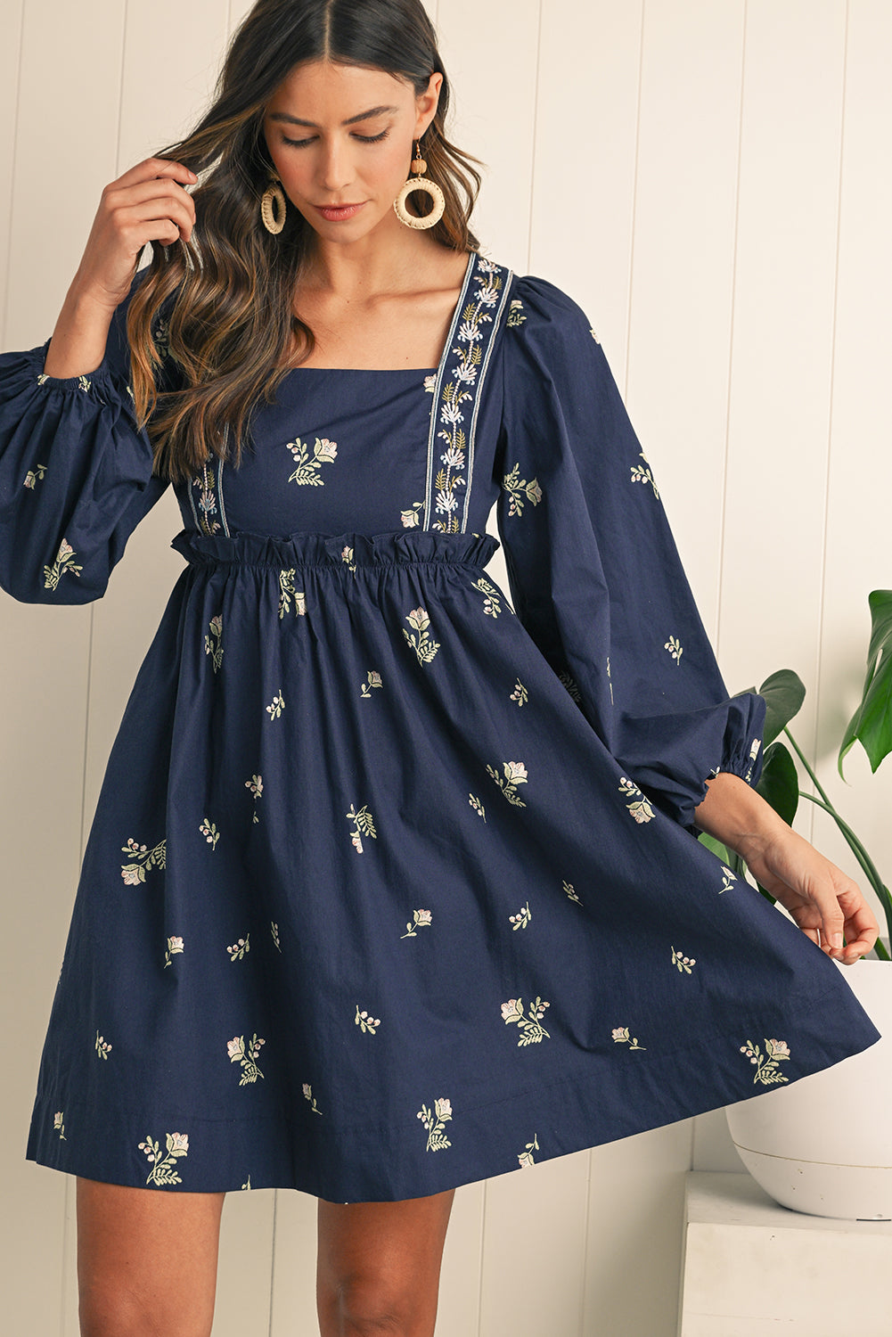 Blue Floral Print Puff Sleeve Babydoll Dress