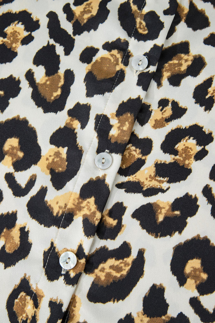Khaki Leopard Print Ruffle Trim 3/4 Sleeve Loose Shirt - Lulubelles Clothing and Accessories