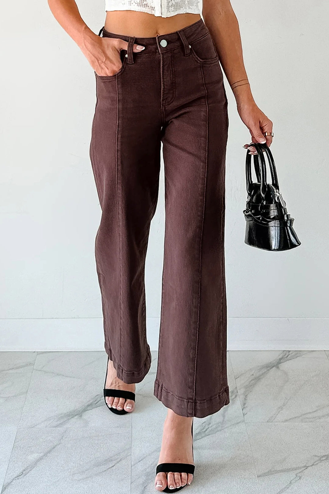 Red Sandalwood Solid Color Seamed Center Wide Leg Cropped Jeans - Lulubelles Clothing and Accessories