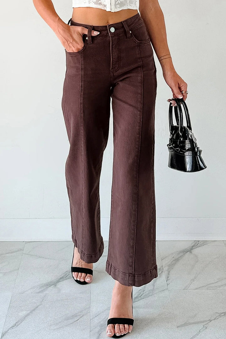 Red Sandalwood Solid Color Seamed Center Wide Leg Cropped Jeans - Lulubelles Clothing and Accessories