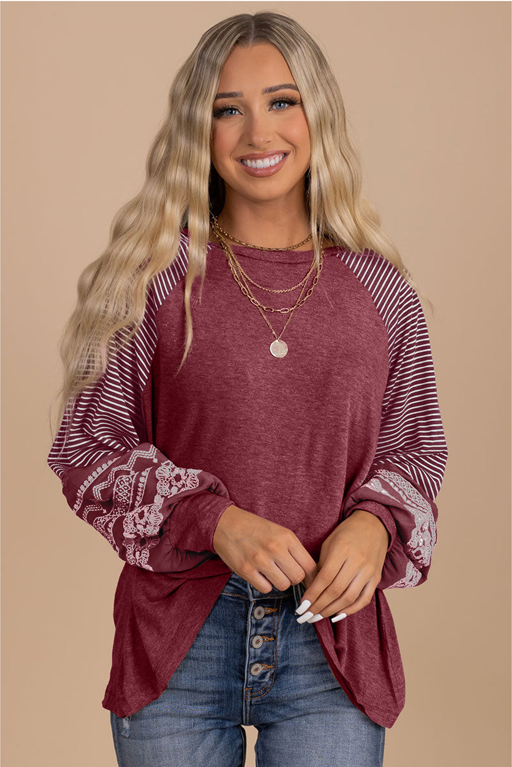 Navy Blue Contrast Print Striped Raglan Long Sleeve Loose Top