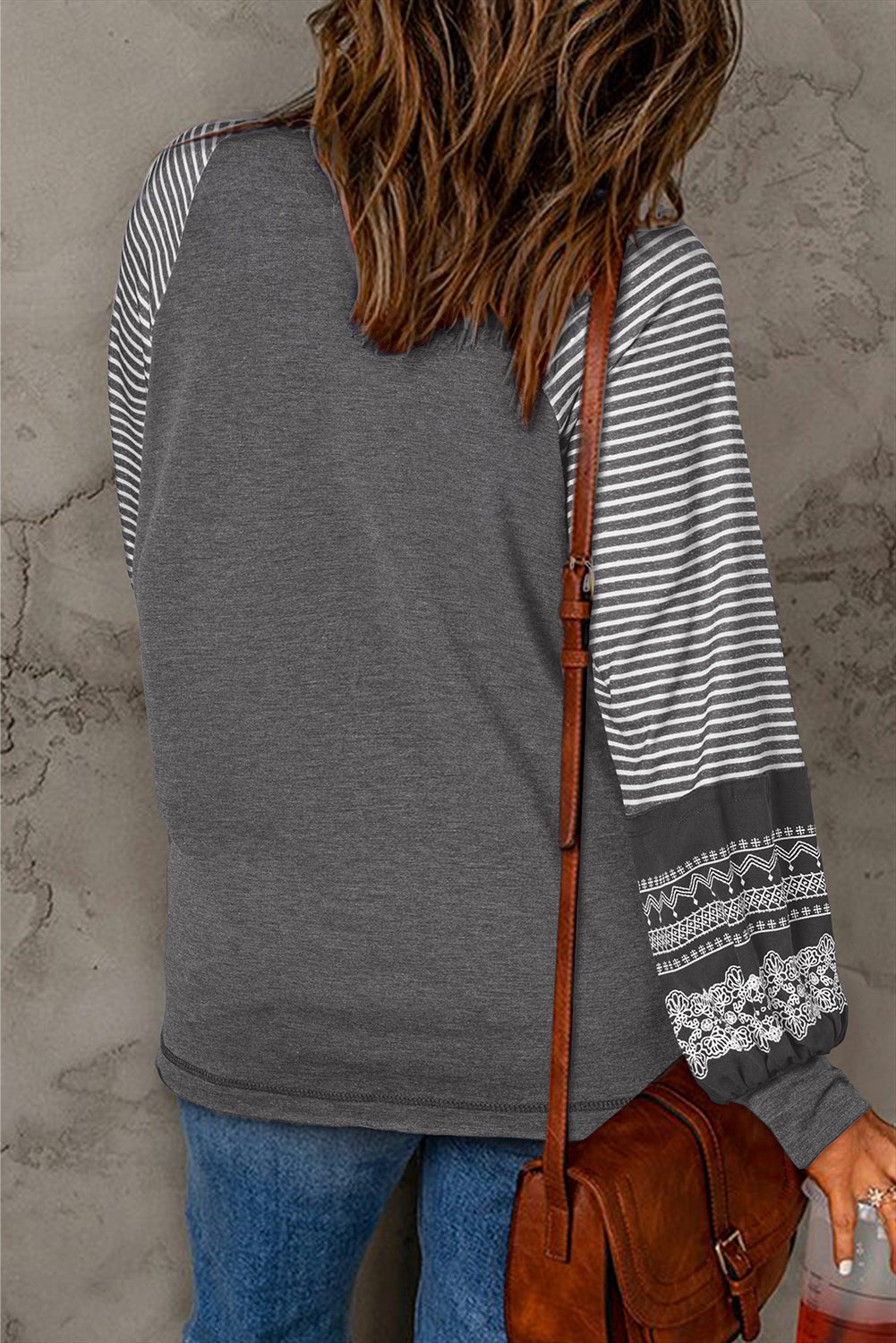 Navy Blue Contrast Print Striped Raglan Long Sleeve Loose Top